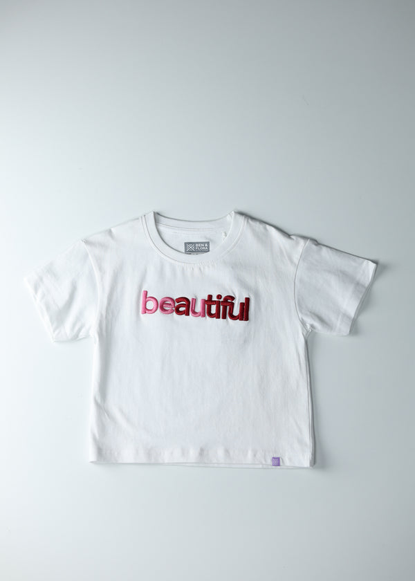 Kid Girls Boxy-Crop 'BEAUTIFUL' Tees - White