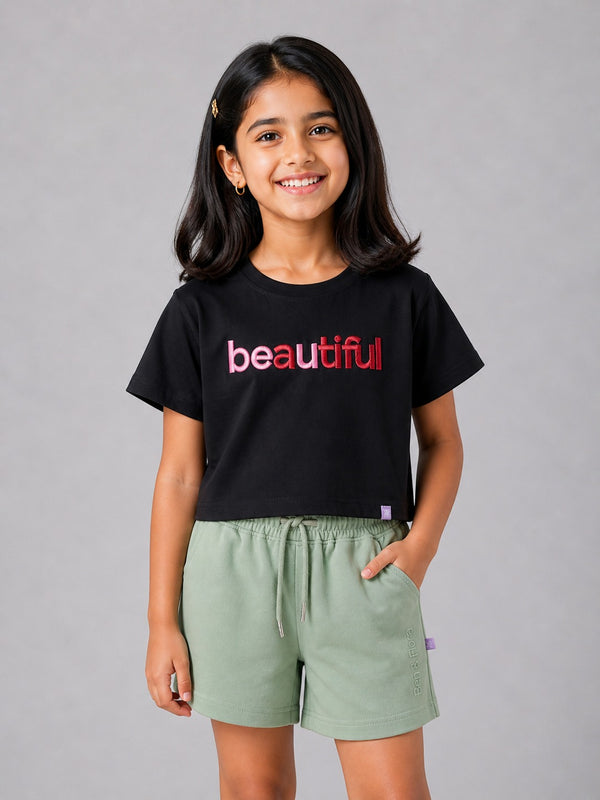 Kid Girls Boxy-Crop 'BEAUTIFUL' Tees - Black