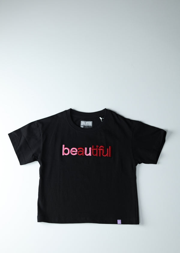 Kid Girls Boxy-Crop 'BEAUTIFUL' Tees - Black