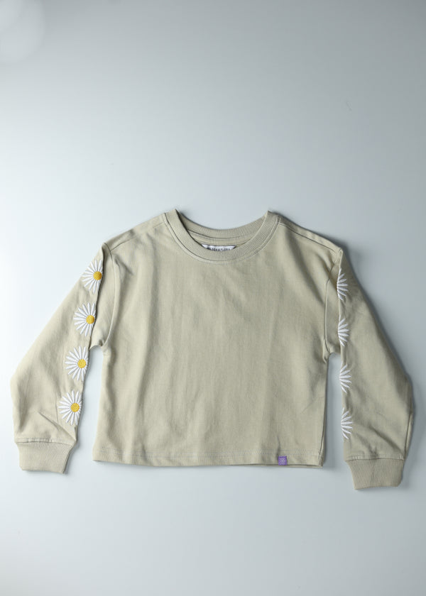 Kid Girls Sweatshirts with floral sleeve- Beige