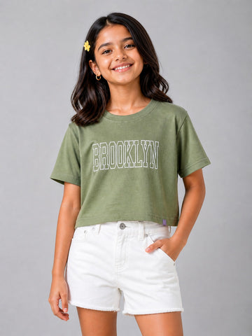Kid Girls Cropped Boxy City print Tees - Lt. Olive