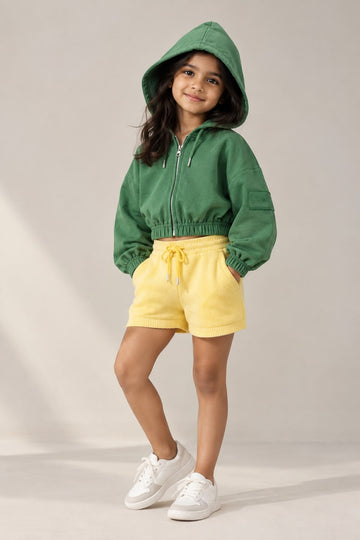 Girls' Green Cropped Zip-Up Hoodie | Trendy Hooded Sweatshirt