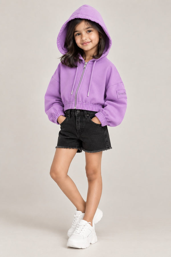 Girls Purple Cropped Hooded Zip-Up Sweatshirt