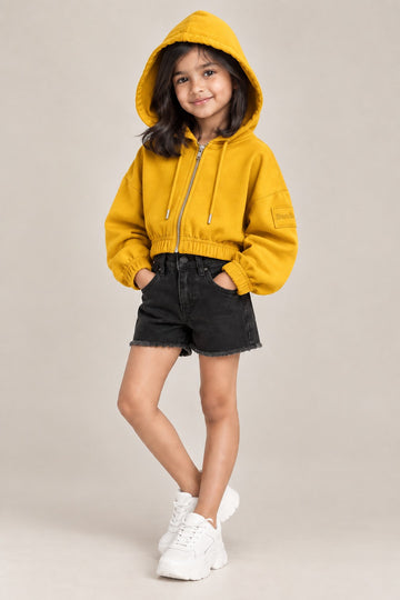 Mustard Yellow Kids Cropped Hooded Zip-Up Sweatshirt