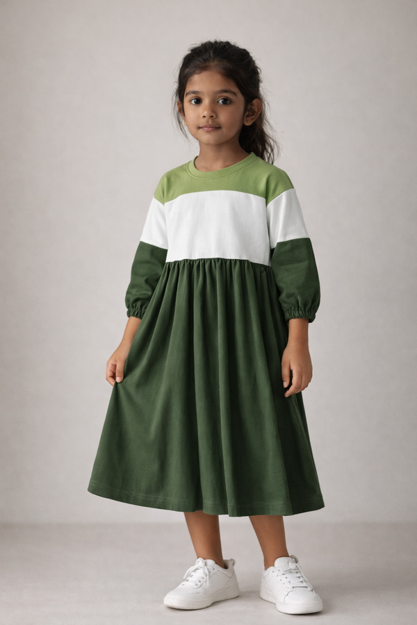 Kid Girls Color Block Dress - Olive