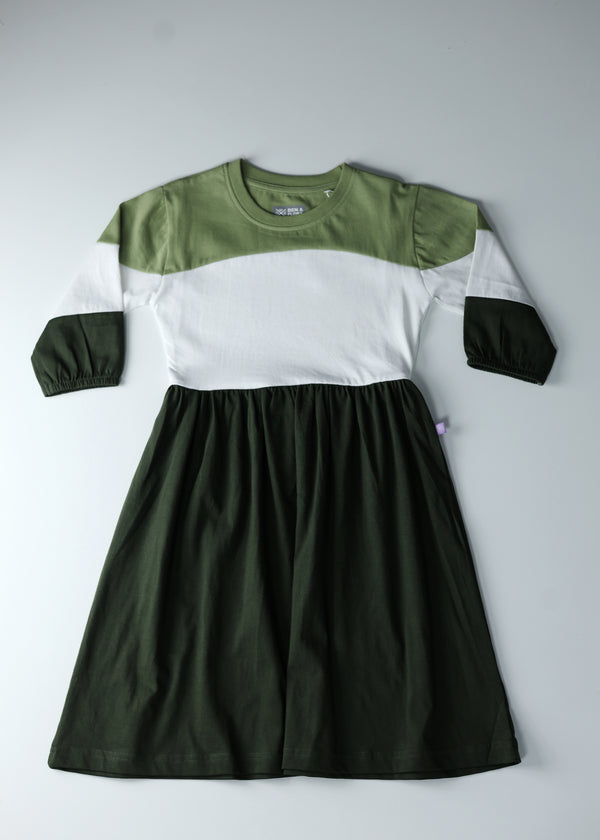 Kid Girls Color Block Dress - Olive