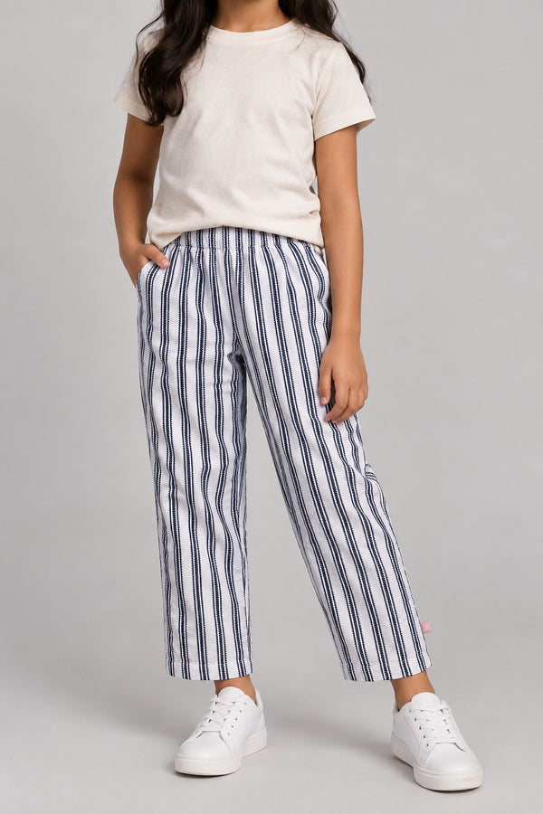 Girls White & Navy Blue Striped Pants | Elastic Waist