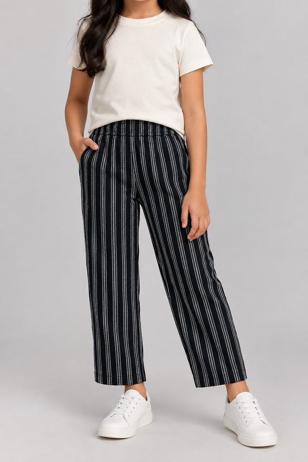 Girls Black & White Striped Pants | Elastic Waist