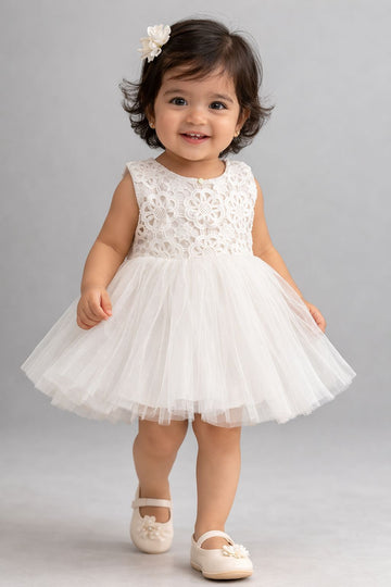 Kid Girls Floral Lace Party Dress with Tulle Skirt - White