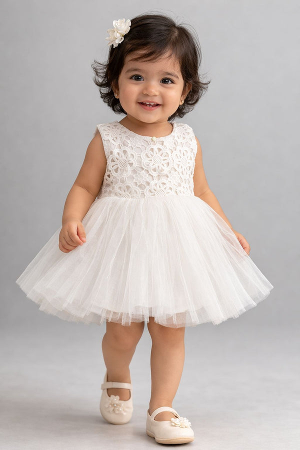 Kid Girls Floral Lace Party Dress with Tulle Skirt - White