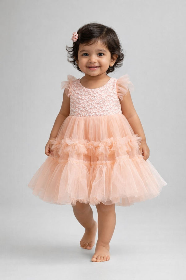 Kid Girls Floral Embellished Tulle party Dress - Peach.