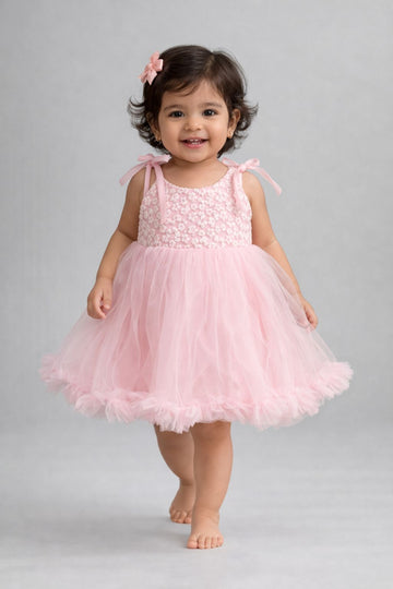 Kid Girls Floral Embellished Tulle party Dress - Pink.