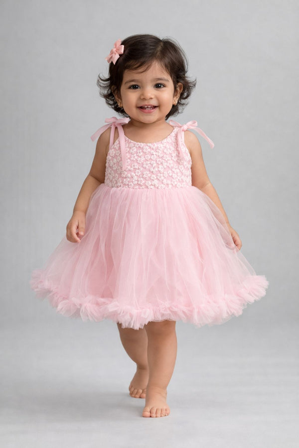 Kid Girls Floral Embellished Tulle party Dress - Pink.