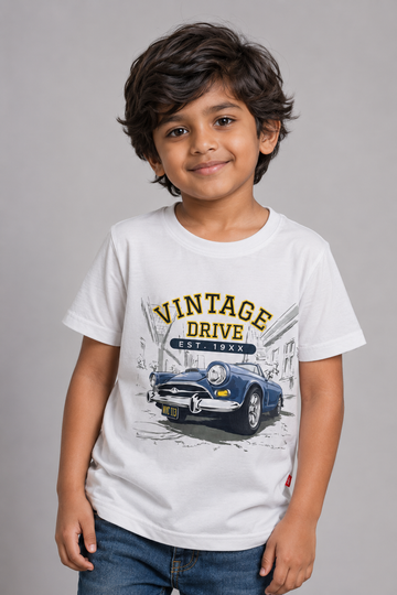 Kid Boys Vintage drive Graphic print Cotton Tees-White.