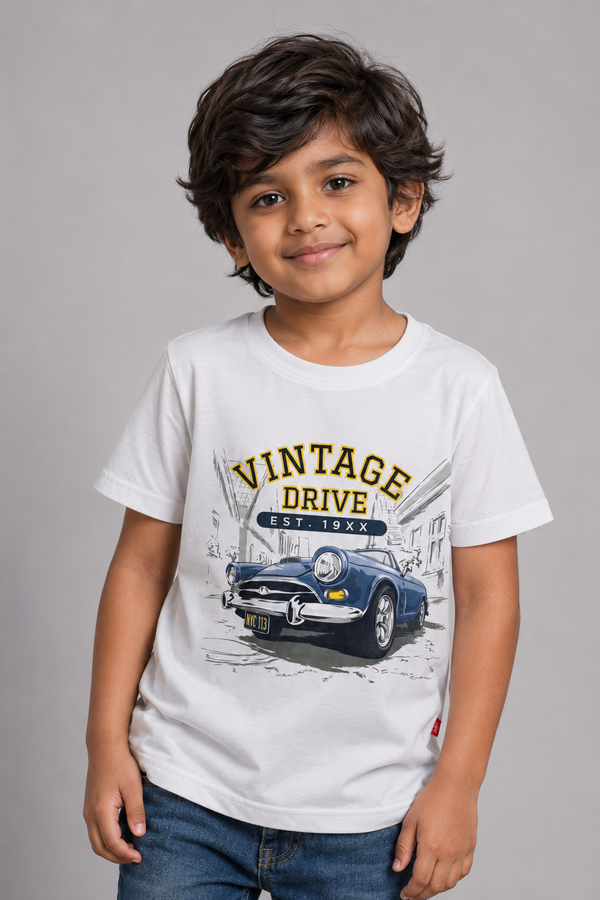 Kid Boys Vintage drive Graphic print Cotton Tees-White.