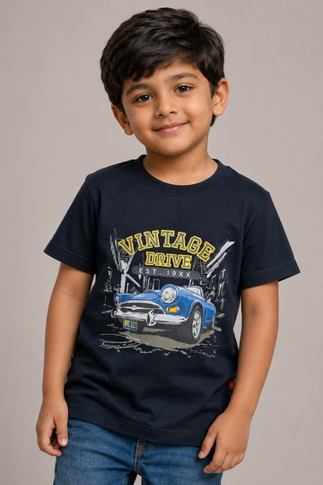 Kid Boys Vintage drive Graphic print Cotton Tees-Black