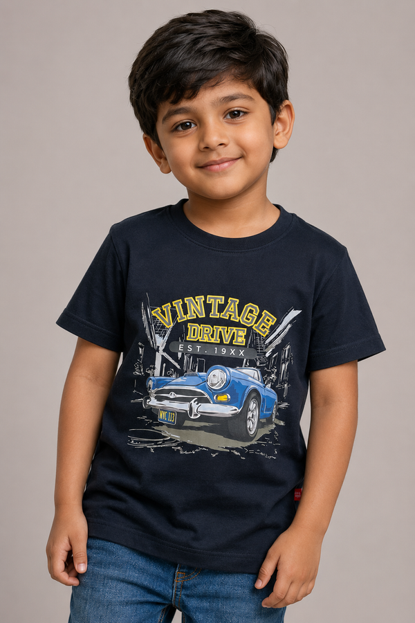 Kid Boys Vintage drive Graphic print Cotton Tees-Black