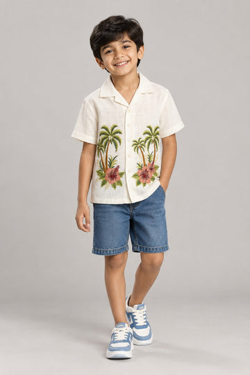 Boys White Tropical Embroidered Cotton Camp Collar Shirt