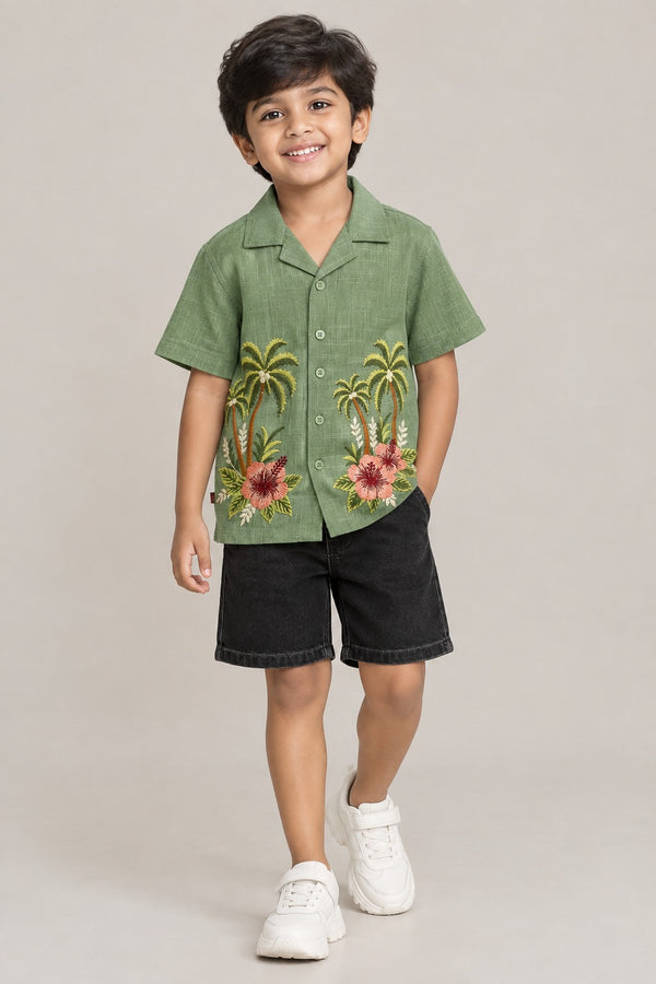 Boys Sage Green Tropical Embroidered Shirt.