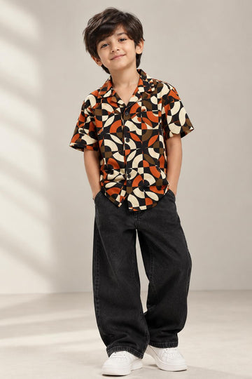 Boys Printed Rayon Camp Collar Shirt – Abstract Geometric Print
