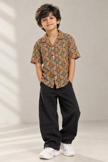 Boys Printed Rayon Camp Collar Shirt – Geometric Print