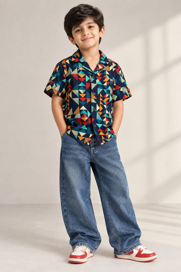 Boys Printed Rayon Camp Collar Shirt – Geometric Print