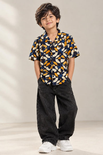 Boys Printed Rayon Camp Collar Shirt – Retro Geometric Print