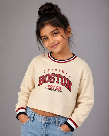 Girls Boston Graphic Boxy Crop Sweatshirt - Beige
