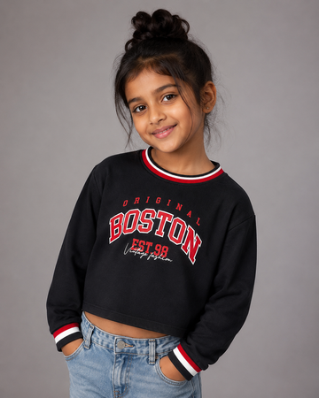 Girls Boston Graphic Boxy Crop Sweatshirt - Black