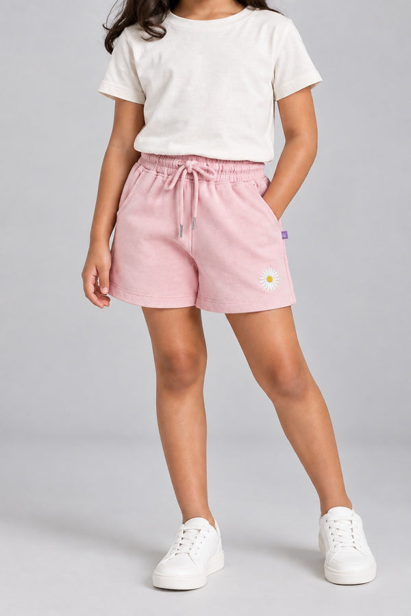 Kid Girls Daisy Embroidered Knit Shorts - Light Pink.