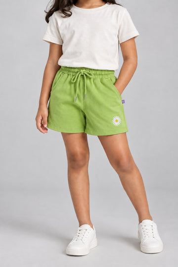 Kid Girls Daisy Embroidered Knit Shorts - Lime Green.