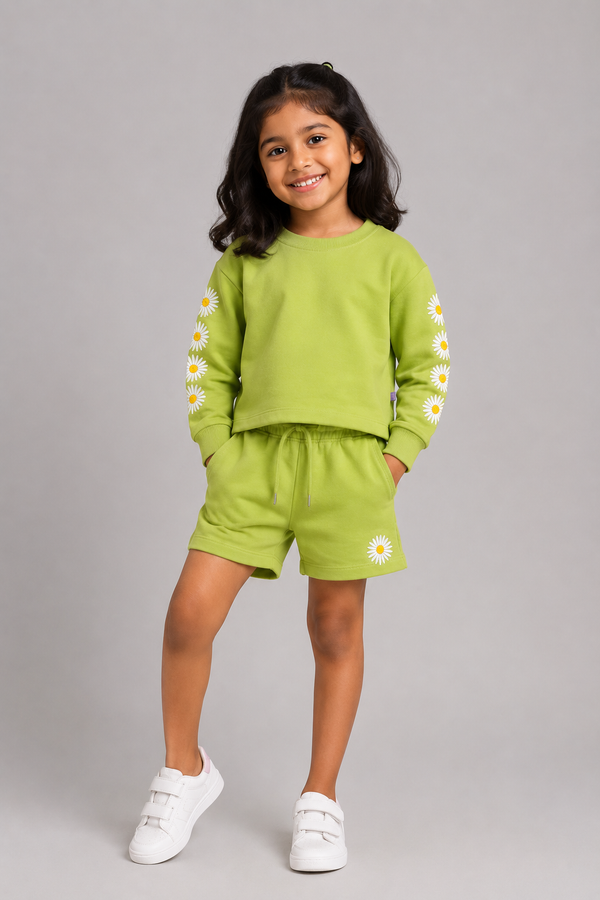 Kid Girls Daisy Embroidered Knit Shorts - Lime Green.
