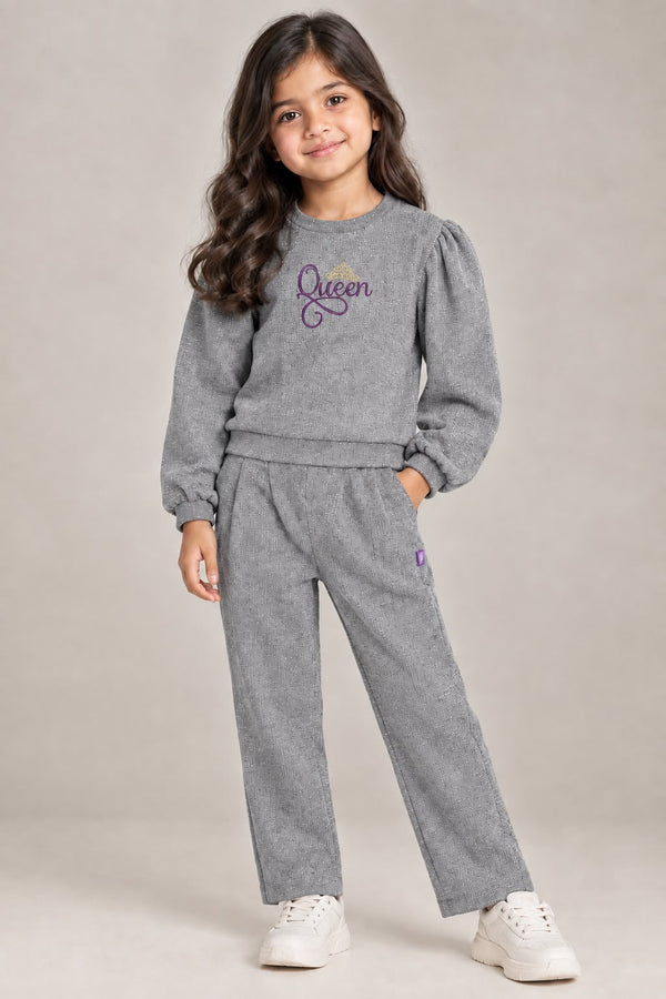 Girls Shimmer Queen Co-Ord Set – Puff Sleeve Sweatshirt & Pants | Charcoal