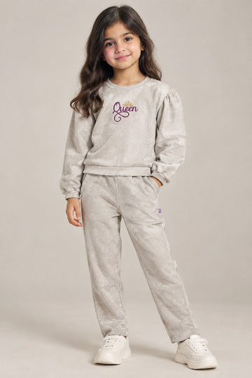 Girls Shimmer Queen Sweatshirt & Pants Co-Ord Set – Beige