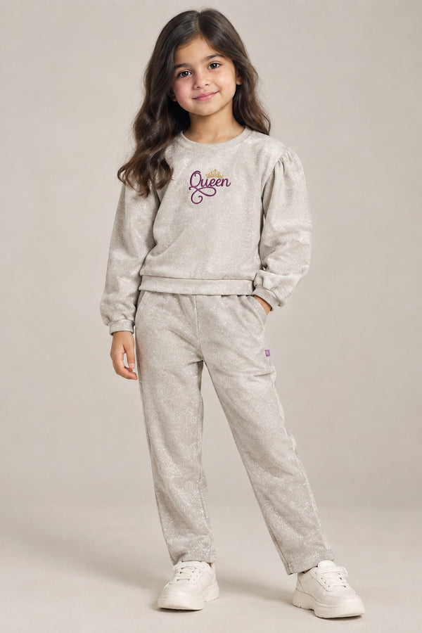 Girls Shimmer Queen Sweatshirt & Pants Co-Ord Set – Beige
