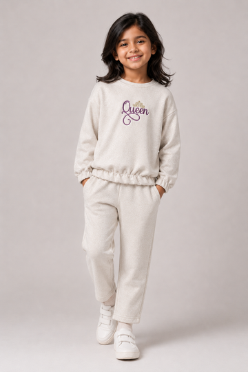 Kid Girls Queen Embroidered Cord Set-Lt.Beige