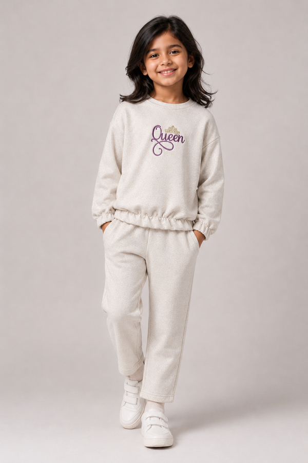 Kid Girls Queen Embroidered Cord Set-Lt.Beige