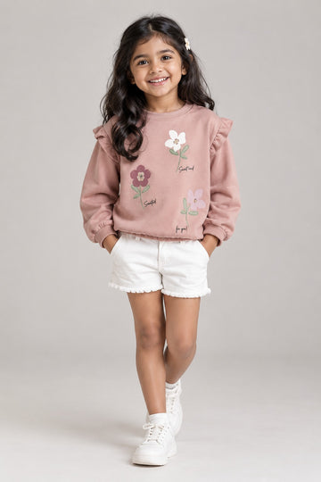 Girls Floral Ruffle Sweatshirt – Dusty Blush Pink.