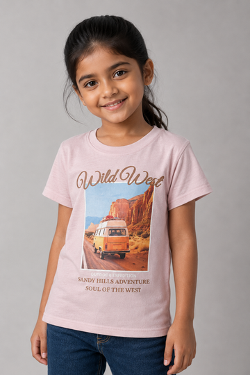 Kid Girls Wild West Graphic Printed Cotton Tees-Pink