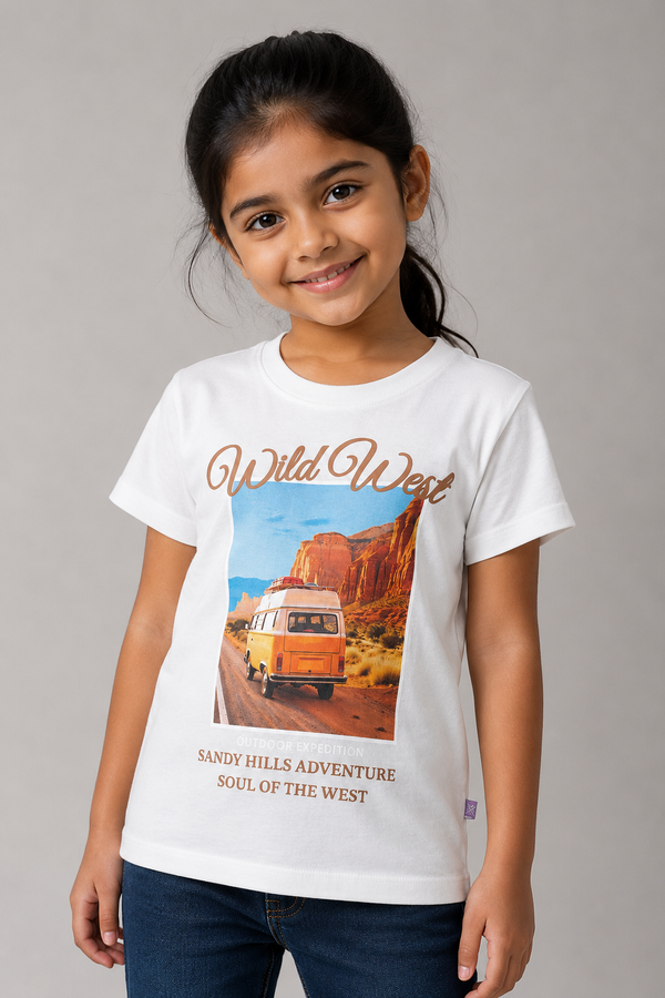Kid Girls Wild West Graphic Printed Cotton Tees-White