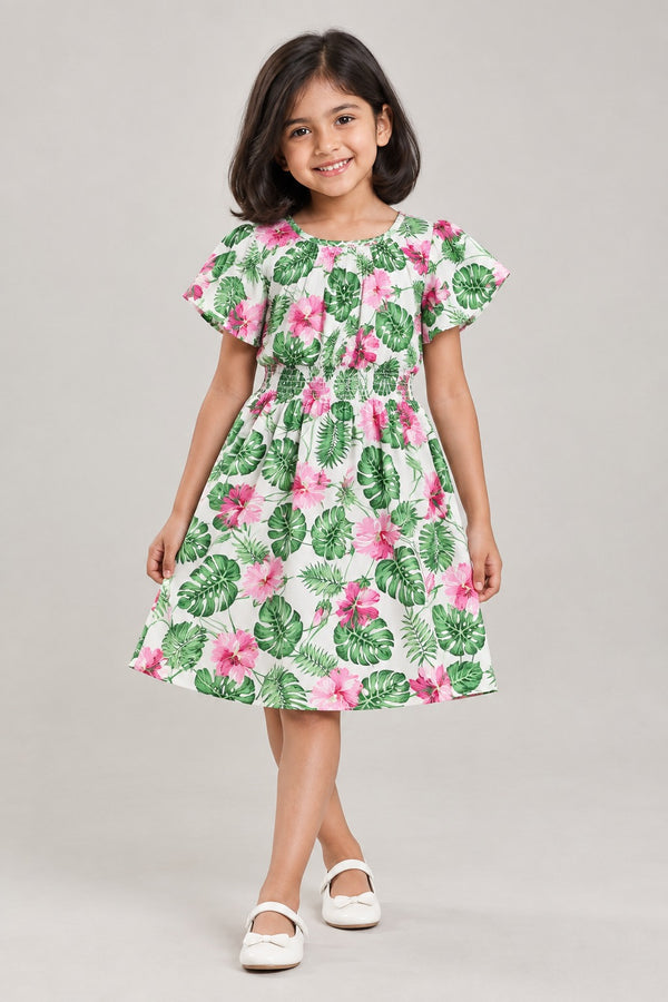 Girls Tropical Floral Rayon Printed Dress.