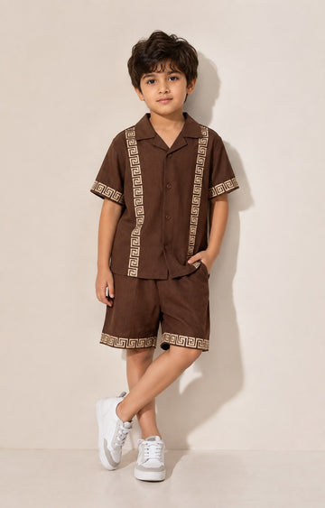 Boys Brown Embroidered Shirt & Shorts Co-Ord Set.