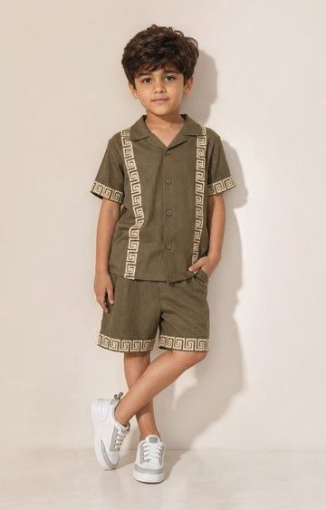 Boys Olive Green Embroidered Shirt & Shorts Co-ord Set