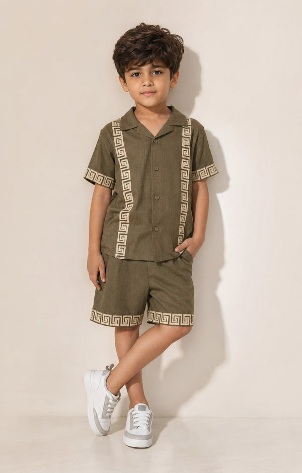 Boys Olive Green Embroidered Shirt & Shorts Co-ord Set