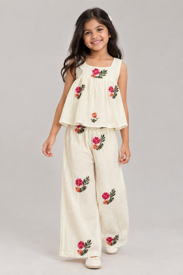 Girls Floral Embroidered Tencel Crepe Co-Ord Set