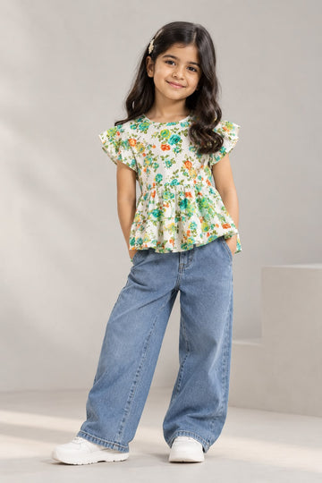 Girls 100% Cotton Floral Printed Ruffle Sleeve Top