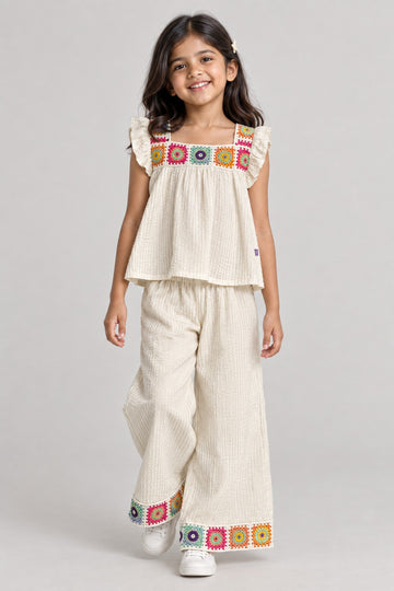 Girls Cotton Seersucker Co-ord Set with Crochet Lace Top & Pants