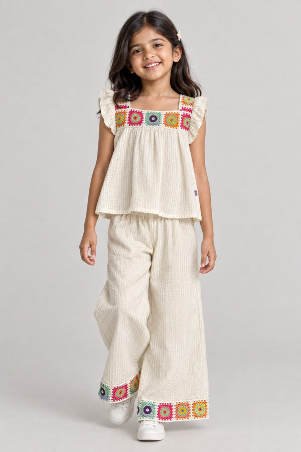 Girls Cotton Seersucker Co-ord Set with Crochet Lace Top & Pants