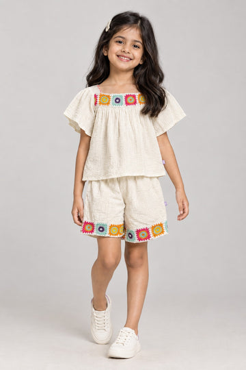 Girls Cotton Seersucker Co-ord Set with Crochet Lace Top & Shorts