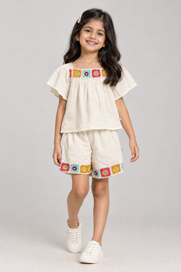 Girls Cotton Seersucker Co-ord Set with Crochet Lace Top & Shorts